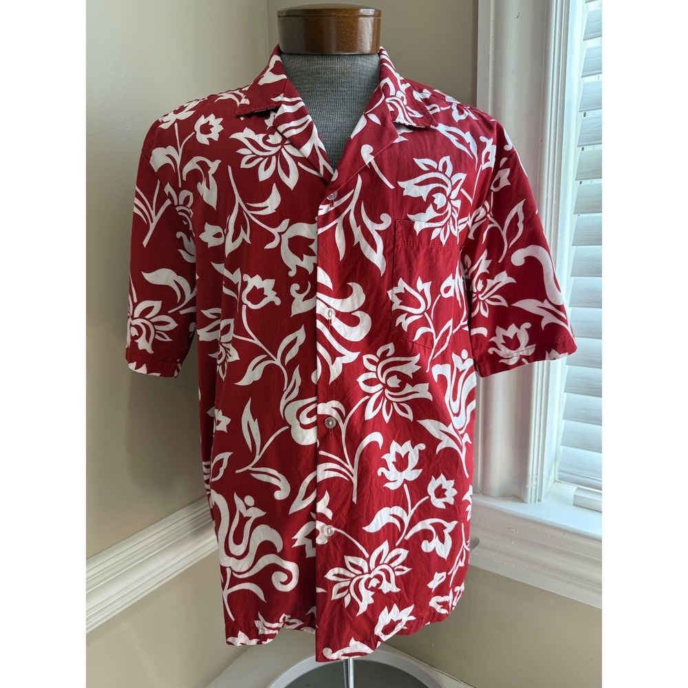 Winnie Fashion Mens XL Aloha Shirt Red White Floral Cotton Made in Hawaii